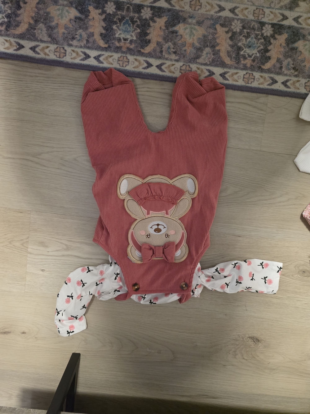 SHEIN Pink Corduroy Bear Applique One-Piece